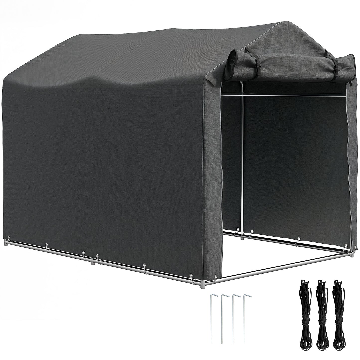 Photo of Outsunny 2.2 x 1.6 m Garden Storage Tent, Waterproof Anti-UV Bike Tent with Roll-up Zipper Door, Galvanised Outdoor Storage Shelter Carport for Bike, Motorbike, Garden Tools, Dark Grey in Grey colour on a white background