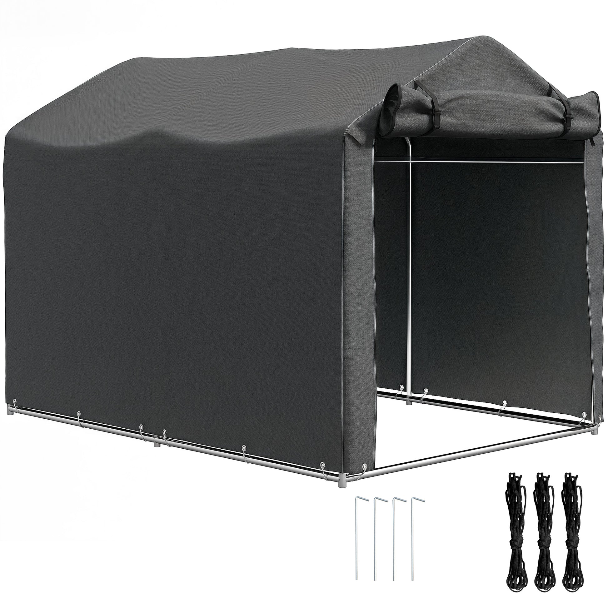 Photo of Outsunny 2.2 x 1.6 m Garden Storage Tent, Waterproof Anti-UV Bike Tent with Roll-up Zipper Door, Galvanised Outdoor Storage Shelter Carport for Bike, Motorbike, Garden Tools, Dark Grey in Grey colour on a white background