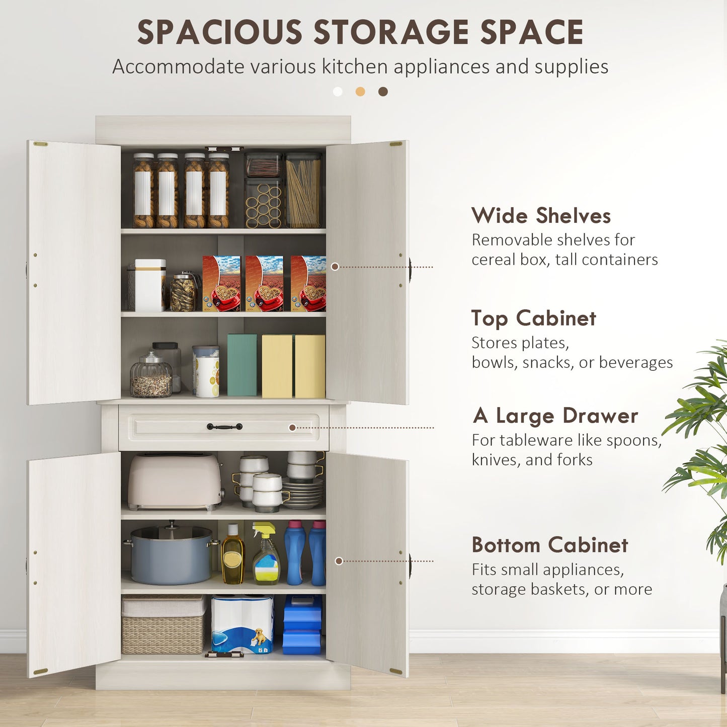 HOMCOM Tall Kitchen Cupboard, Kitchen Pantry Cabinet with 6 Shelves and Drawer, Cream White