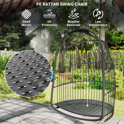 Dark gray PE rattan hanging egg chair frame with hand-woven basket seat