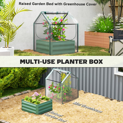 Green raised planter bed with greenhouse cover shown in garden settings