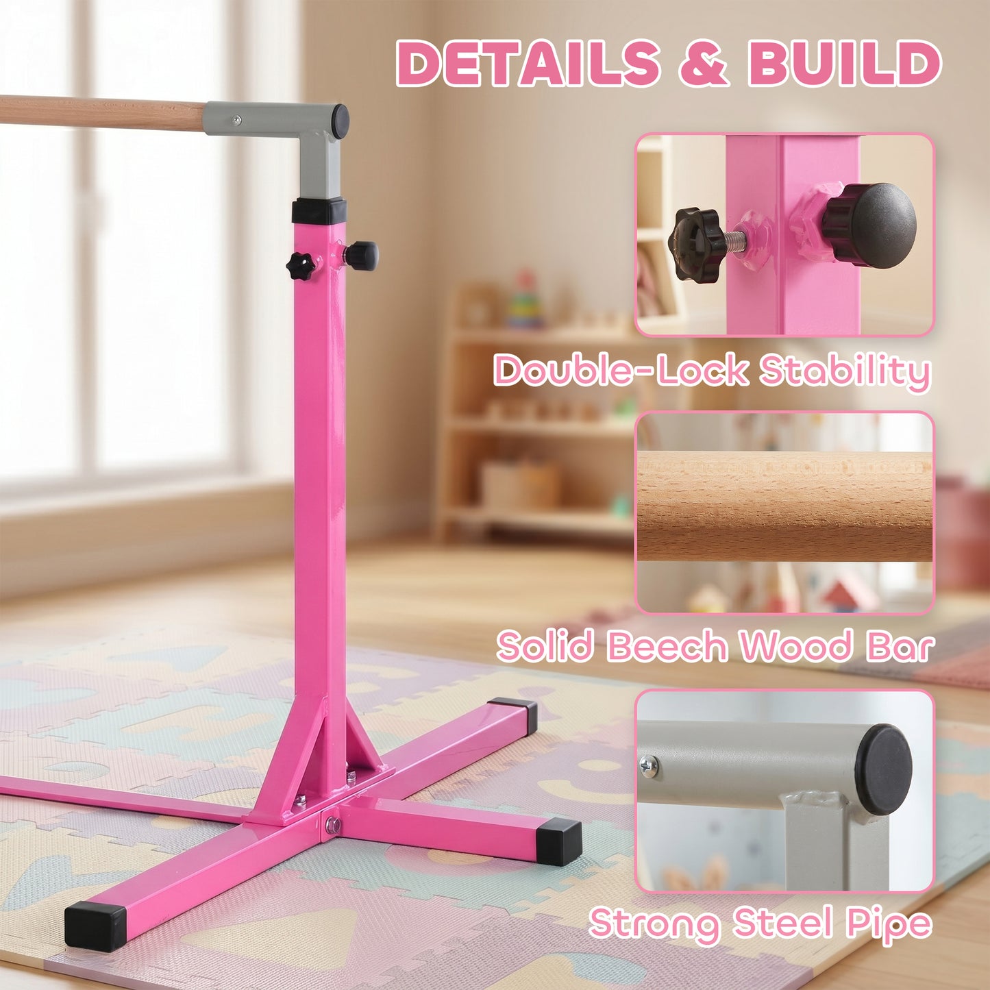 HOMCOM Height Adjustable Gymnastics Horizontal Bar for Kids, Children Junior Kip High Bar Fitness, Pink