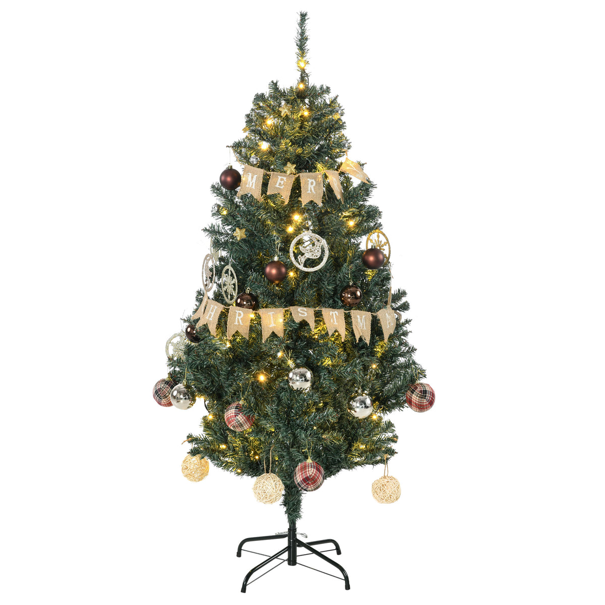 Photo of HOMCOM 5' Artificial Prelit Christmas Trees Holiday Décor with Warm White LED Lights, Decoration, Banner, Tag, Ball in Ball colour on a white background