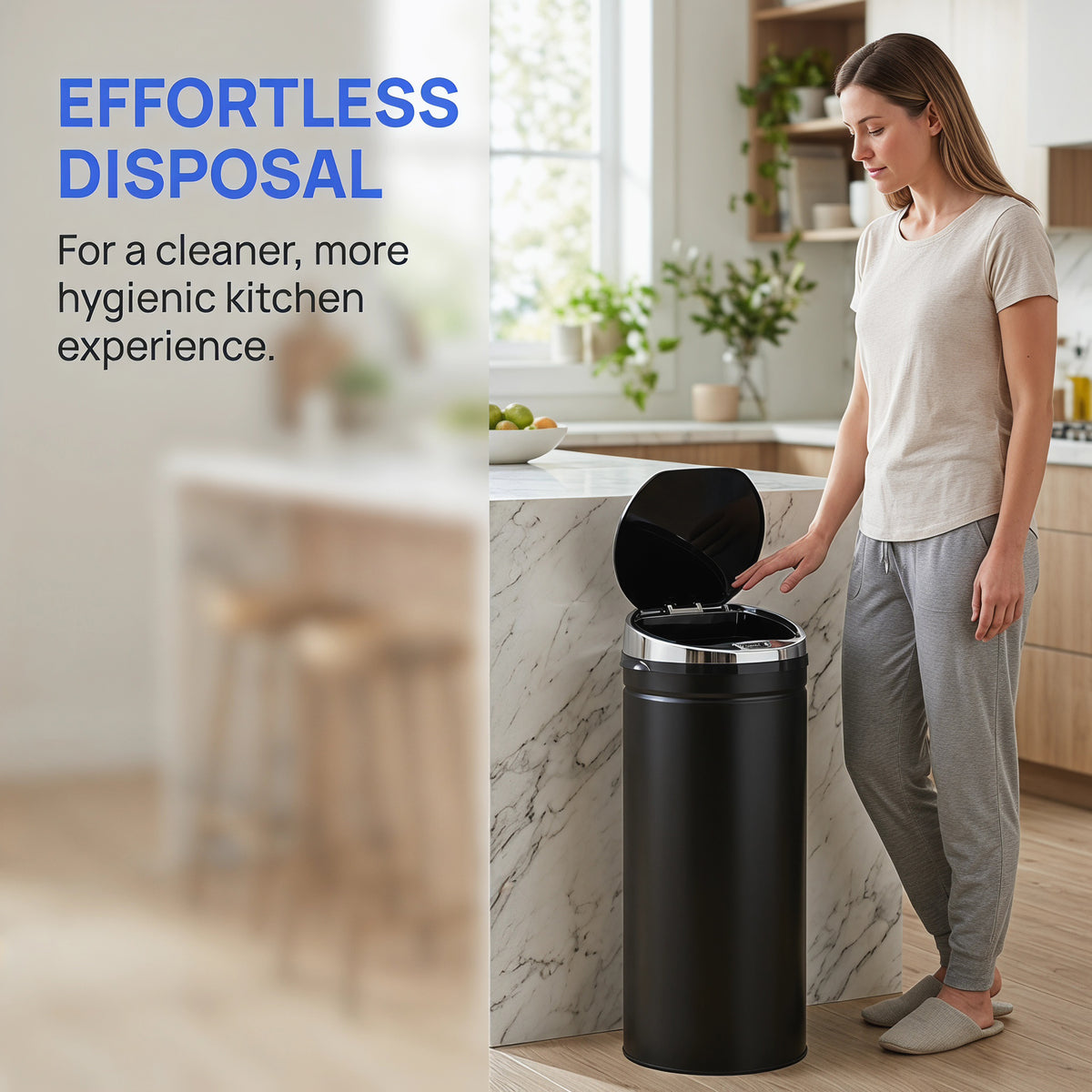 HOMCOM 50L black sensor bin with lid open beside a person in a kitchen