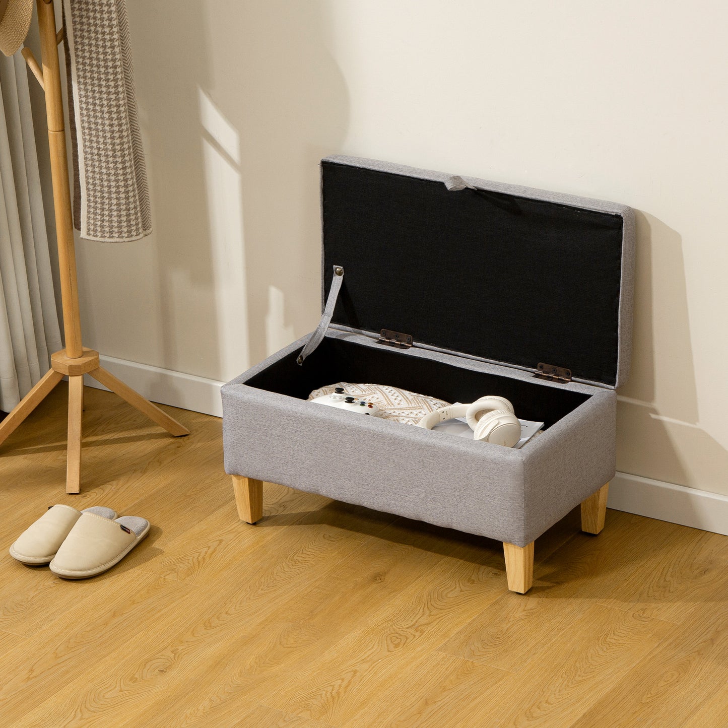 HOMCOM 30L Linen Storage Ottoman Padded Footstool with Rubberwood Legs for Storage Box, Bed End, Shoe Bench, Seating, Light Grey