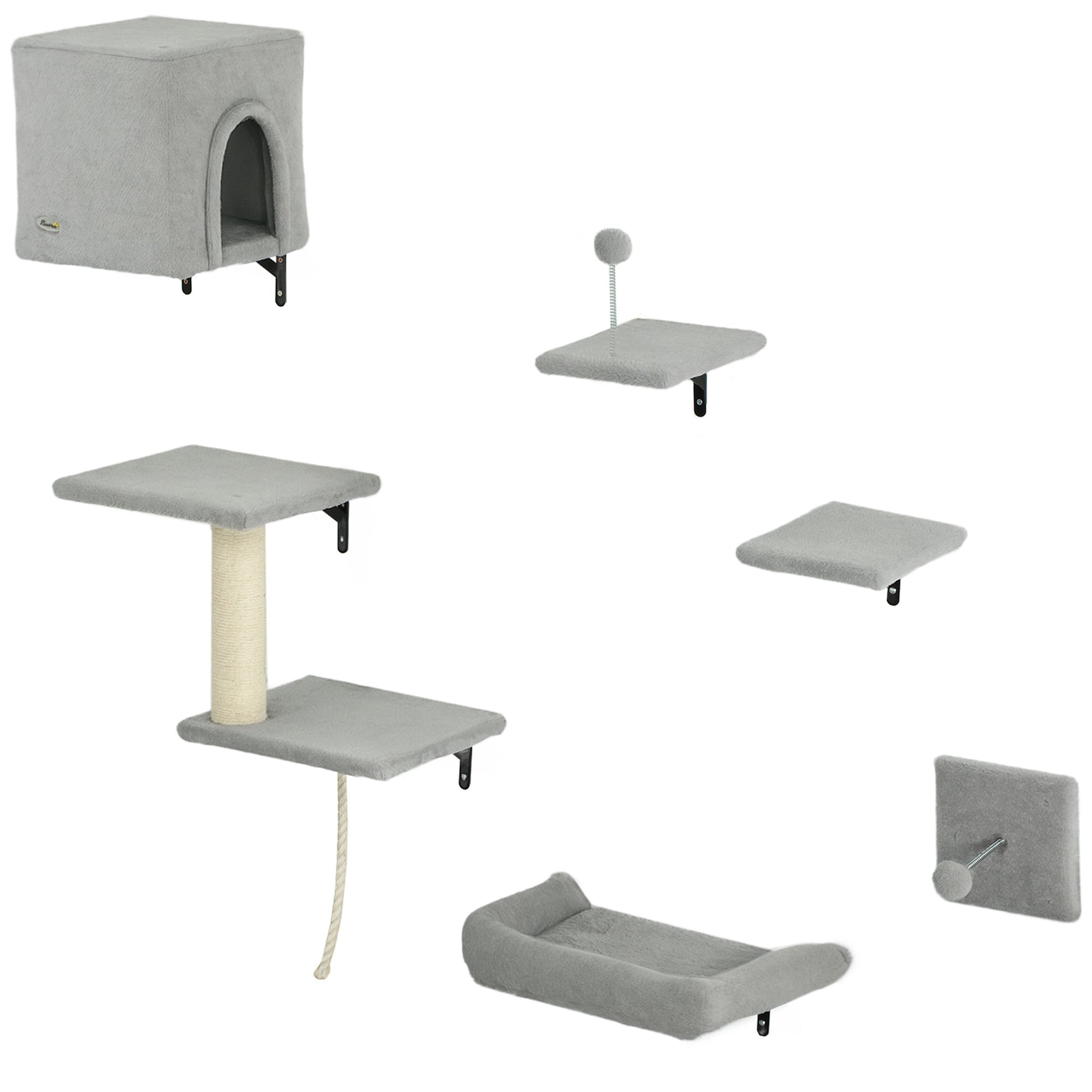 Photo of PawHut 6-Piece Cat Wall Shelves Set with Condo, Cat Wall Furniture with Platforms, Sisal Scratching Post, Bed, Toy Ball, Grey in Grey colour on a white background