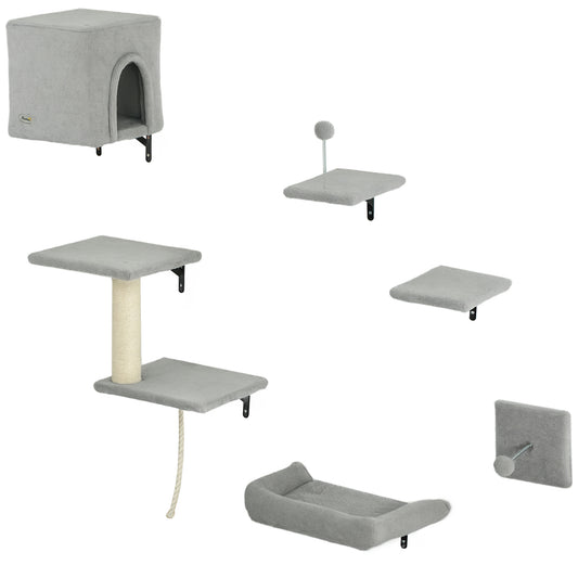 Photo of PawHut 6-Piece Cat Wall Shelves Set with Condo, Cat Wall Furniture with Platforms, Sisal Scratching Post, Bed, Toy Ball, Grey in Grey colour on a white background