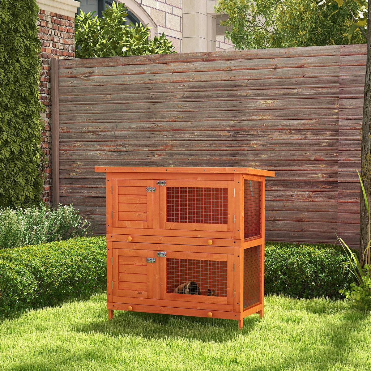 PawHut 2-Tier Rabbit Hutch with Separate Living Levels & Slide-Out Tray, 90 x 45 x 90 cm, Natural Wood Finish