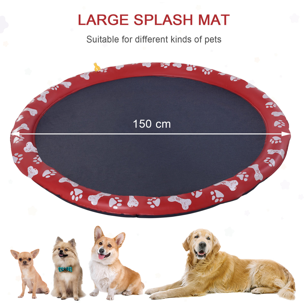 PawHut Dog Splash Pad, Pet Sprinkler Mat, Non-Slip Dog Paddling Pool, Foldable Outdoor Sprinkler and Splash Mat Water Play for Garden, Patio, Summer Fun, 150 cm