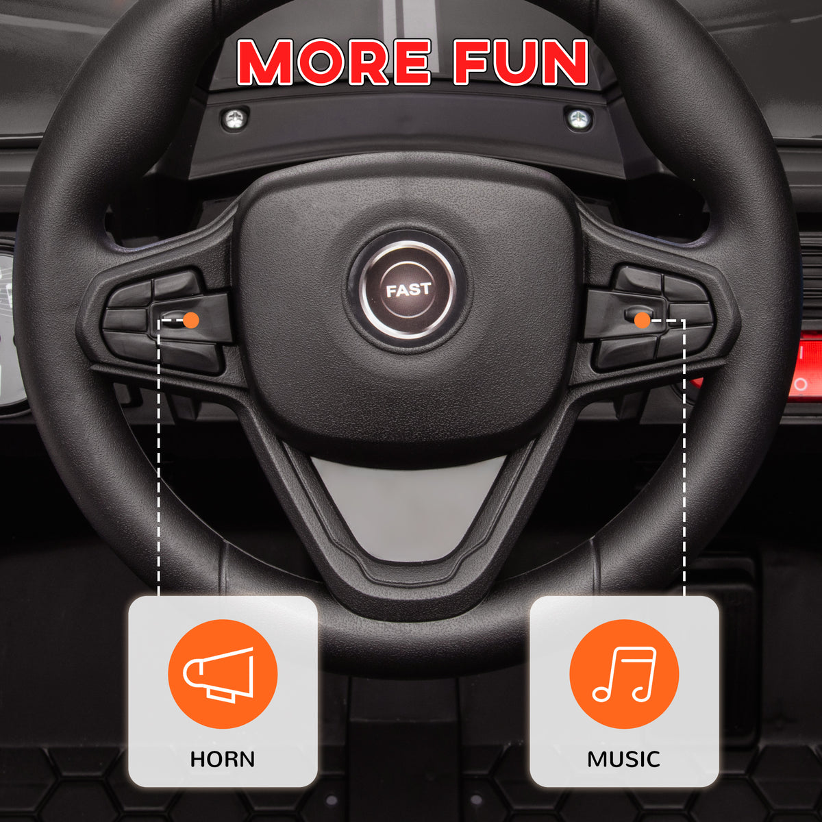 Close-up of AIYAPLAY ride-on truck steering wheel with horn and music buttons