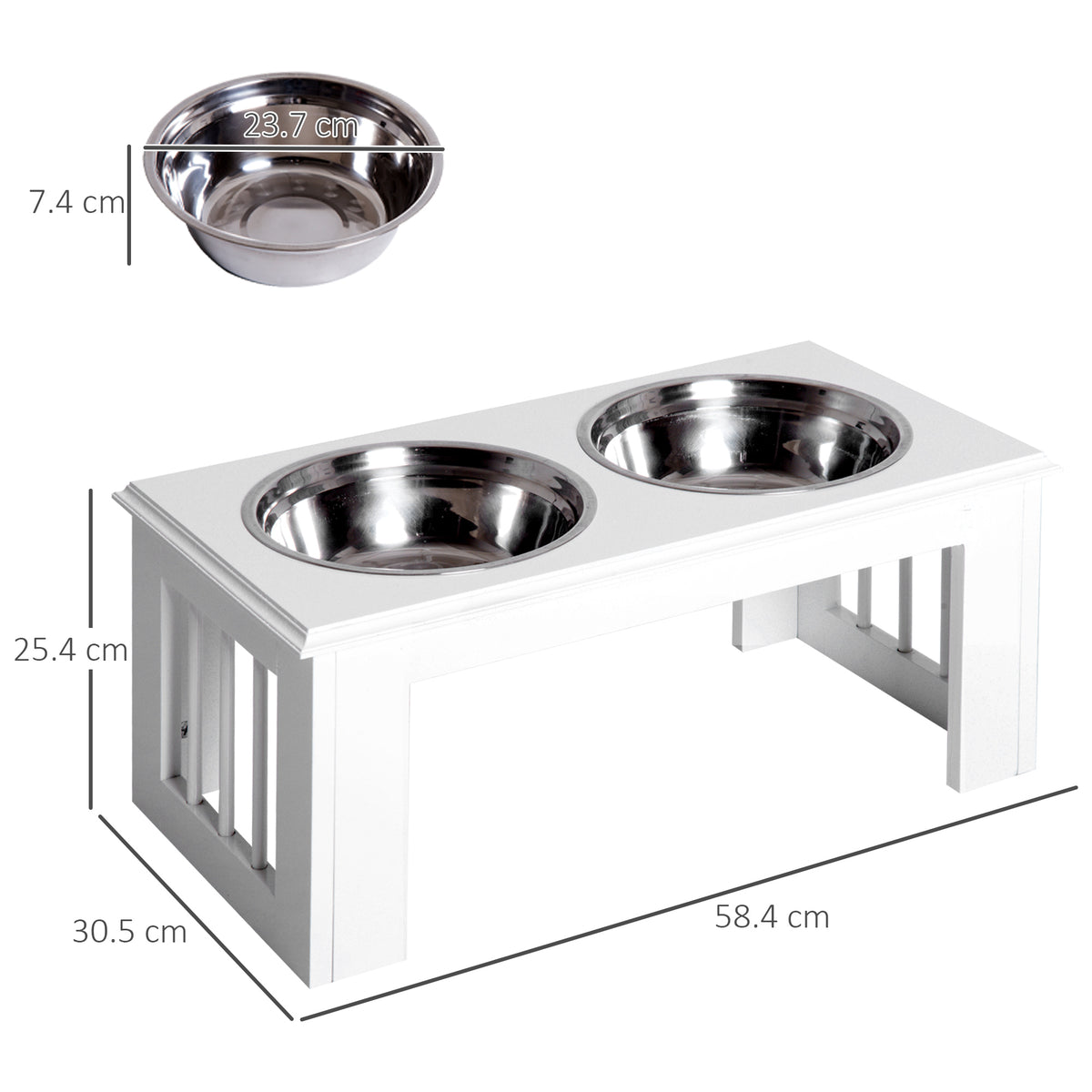 White raised dog feeder with two stainless steel bowls and slatted sides, shown with dimensions.