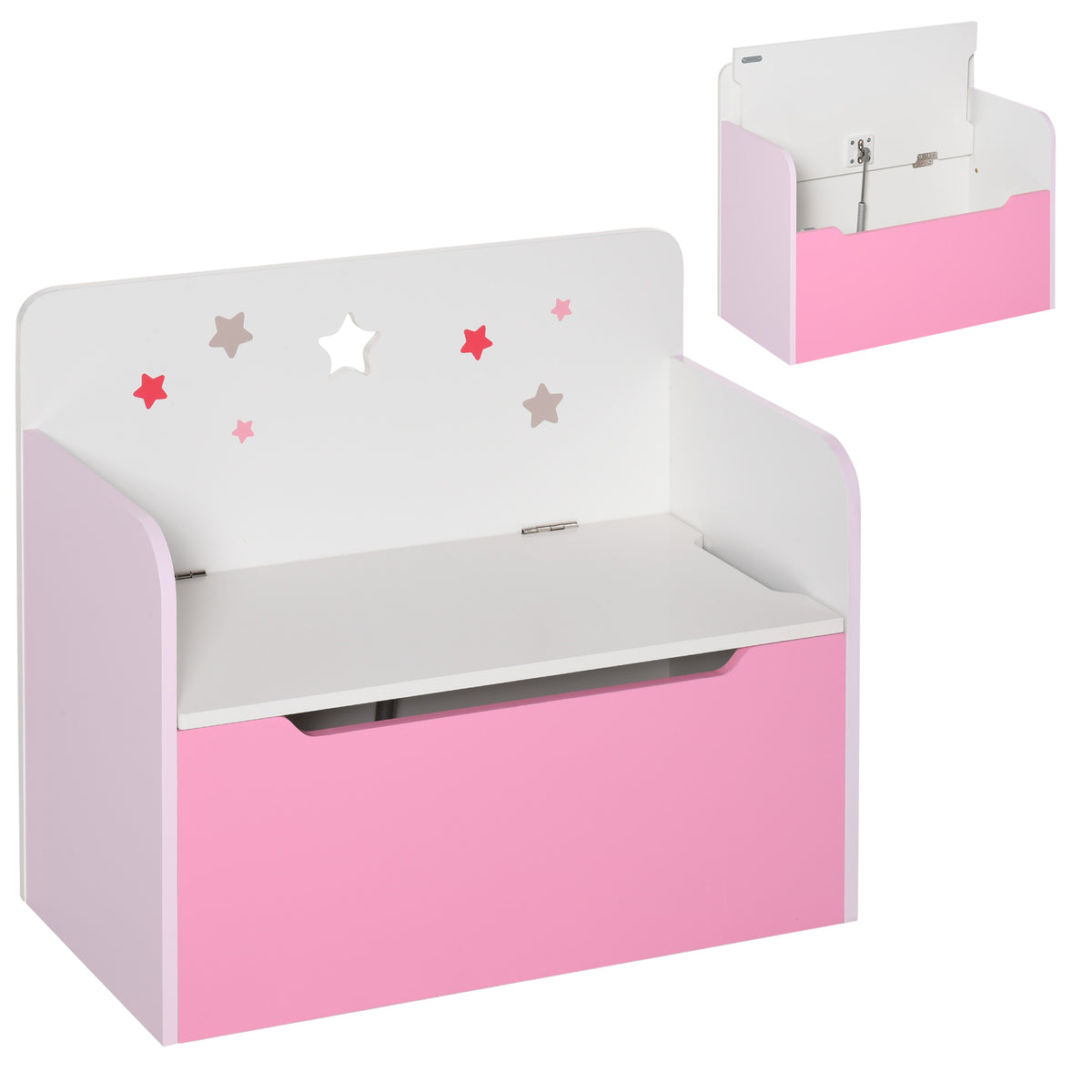 Pink and white toy chest bench with star decals and raised lid on safety hinge.
