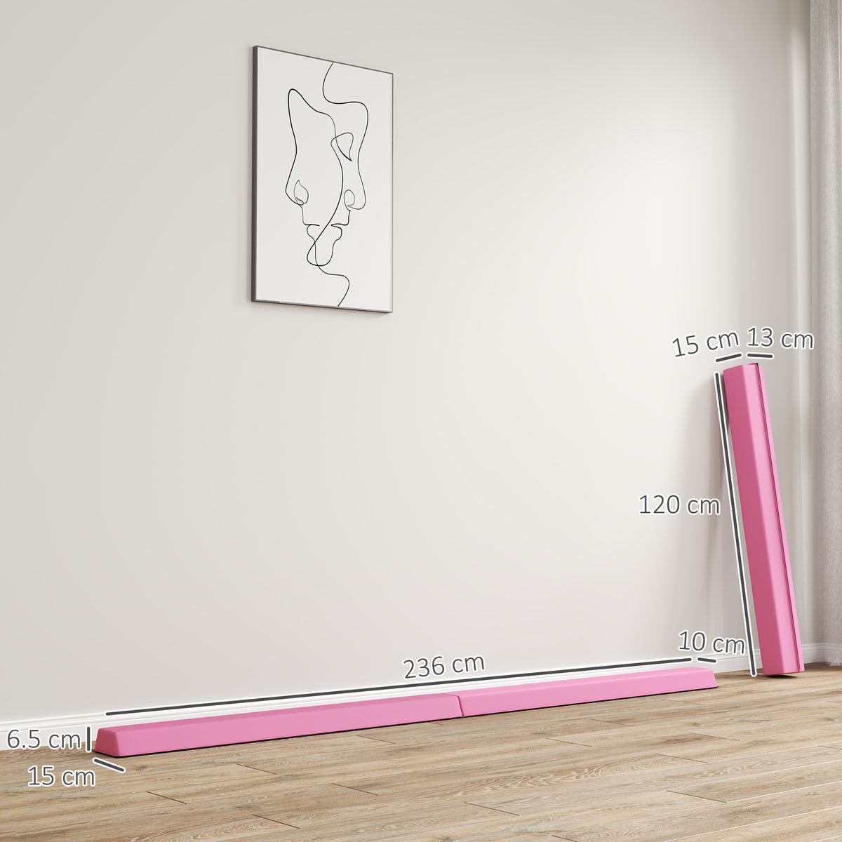 SPORTNOW pink folding balance beam shown extended and folded, with dimensions marked