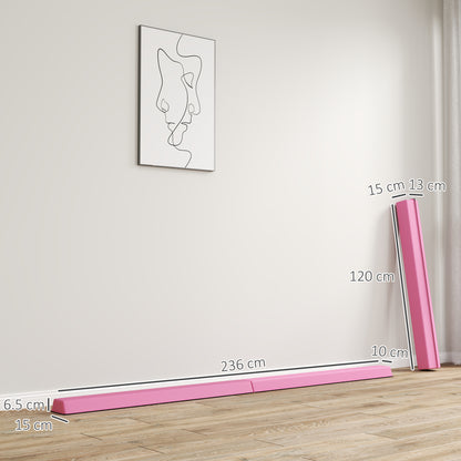 SPORTNOW pink folding balance beam shown extended and folded, with dimensions marked