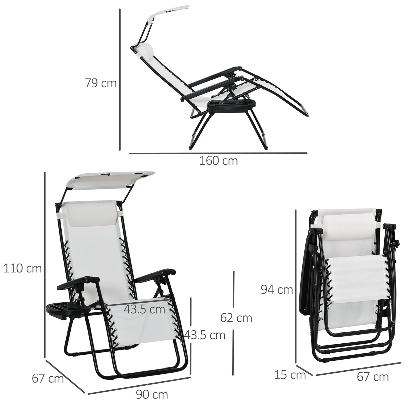 Outsunny 2 Piece Foldable Reclining Garden Chair with Headrest, Zero Gravity Deck Sun Lounger Seat Chair with Footrest, Armrest, Cup Holder & Canopy Shade, White