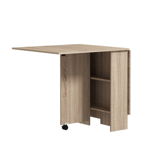 Photo of HOMCOM 80-140 cm Folding Dining Table for 4-6 People, Drop Leaf Table with 2-Tier Shelves, Rolling Casters, for Small Spaces, Kitchen, Flat, Dining Room, Natural in Natural colour on a white background