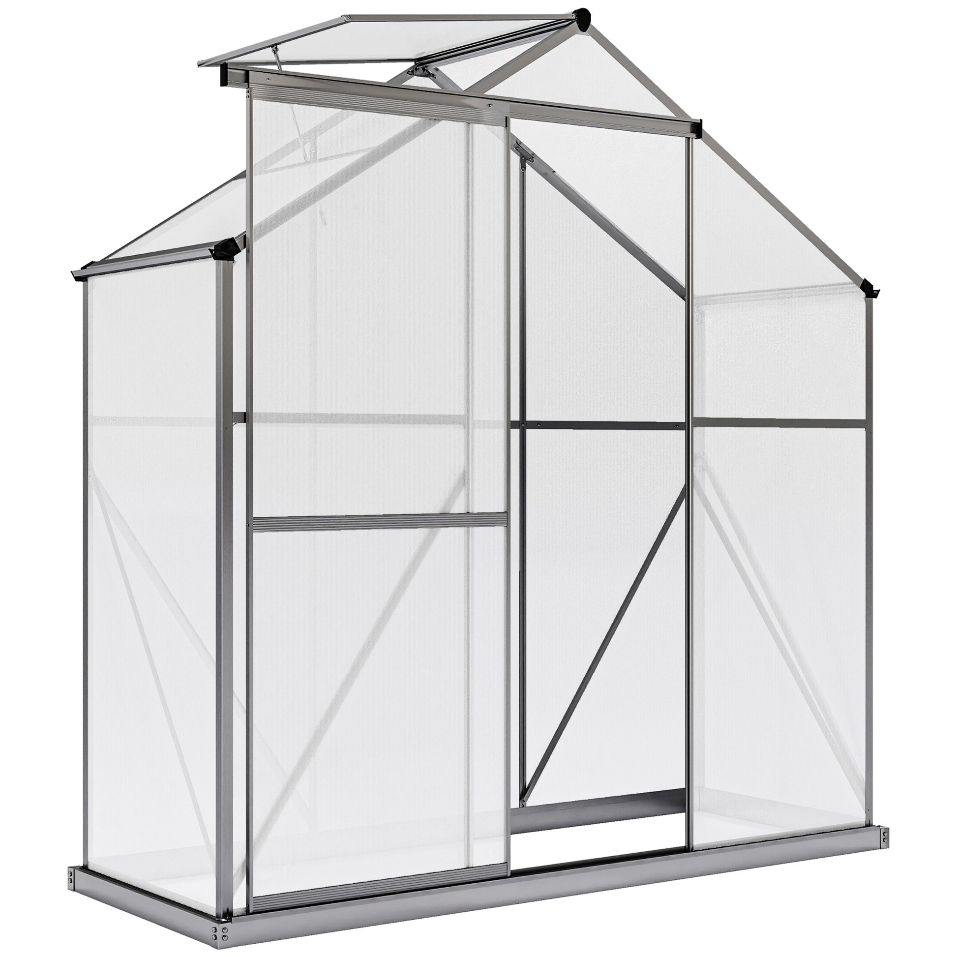 Photo of Outsunny 6 x 2.5ft Polycarbonate Greenhouse Walk-In Green House with Rain Gutter, Sliding Door, Window, Foundation, Dark Grey in Grey colour on a white background