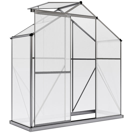 Photo of Outsunny 6 x 2.5ft Polycarbonate Greenhouse Walk-In Green House with Rain Gutter, Sliding Door, Window, Foundation, Dark Grey in Grey colour on a white background