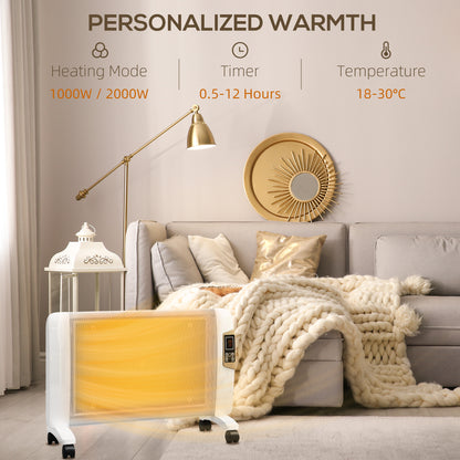 White mica space heater with glowing panel, caster wheels and digital controls
