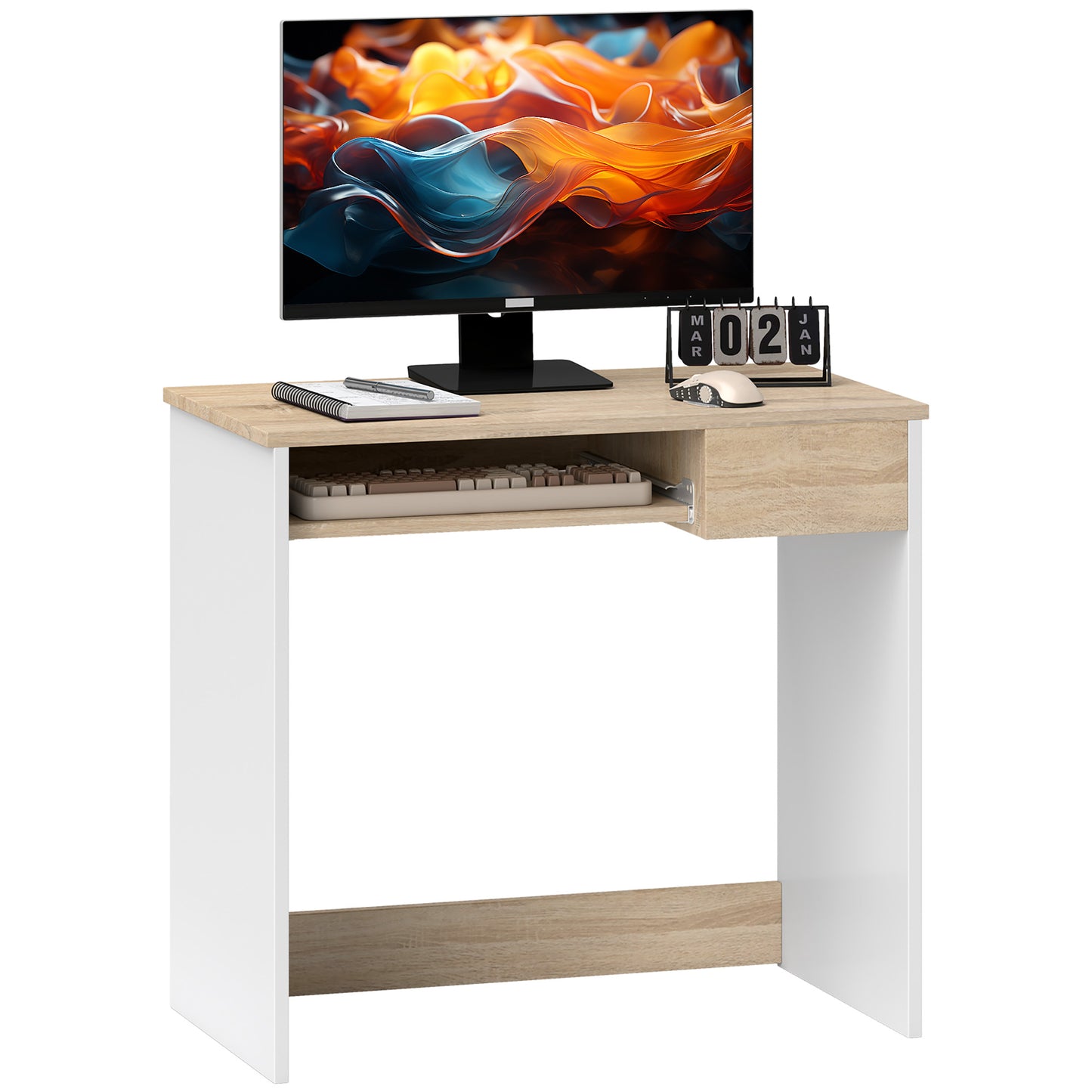 Photo of HOMCOM 80cm Compact Computer Desk with Keyboard Tray, Home Office Desk with Drawer for Bedroom Study, Oak in Oak colour on a white background