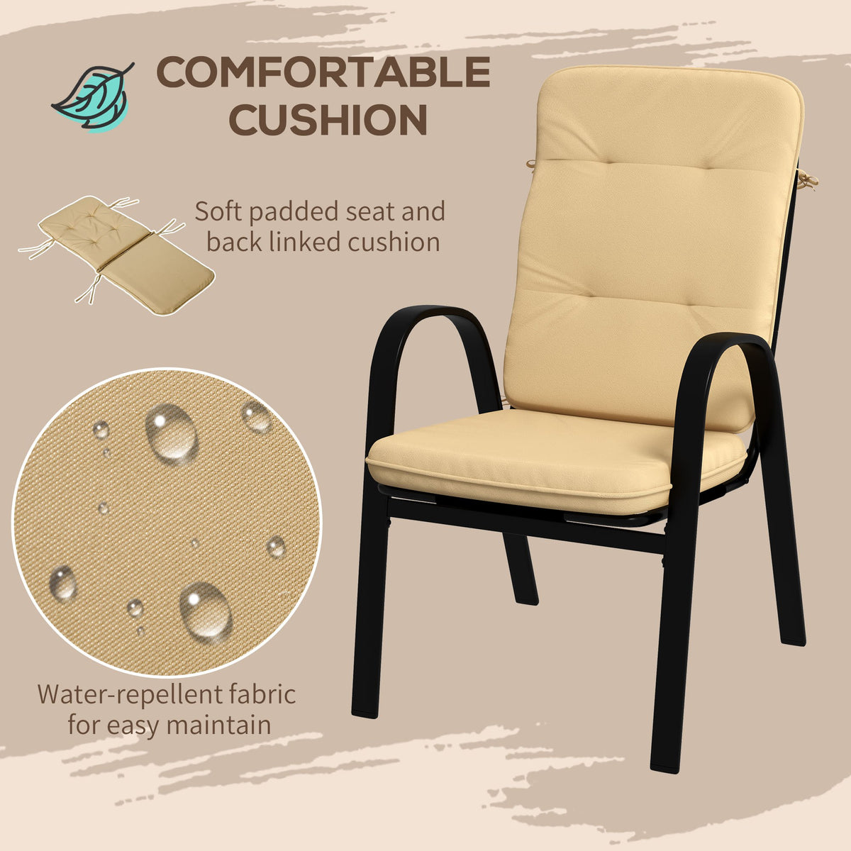 Outsunny 5 Pieces Outdoor Square Garden Dining Set with Tempered Glass Dining Table 4 Cushioned Armchairs, Beige