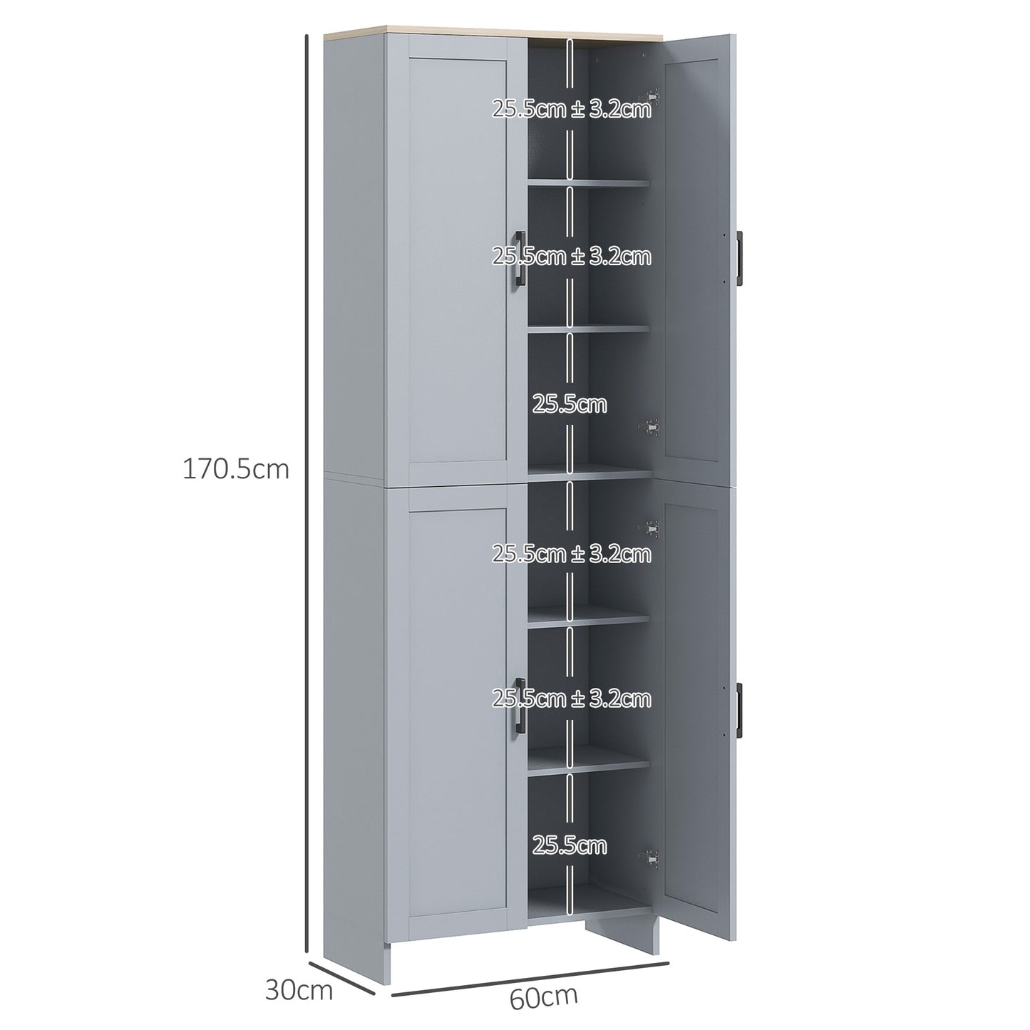 HOMCOM Freestanding Kitchen Cupboard, 4-Door Storage Cabinet with Adjustable Shelves, Modern Kitchen Pantry for Dining Room, 170cm, Grey