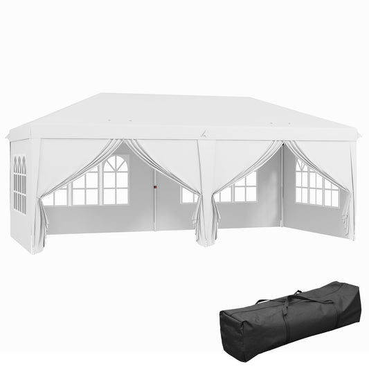 Photo of Outsunny 3 x 6 m Garden Pop Up Gazebo, Wedding Party Tent Marquee, Water Resistant Awning Canopy with Sidewalls, Windows, Carry Bag, White in White colour on a white background