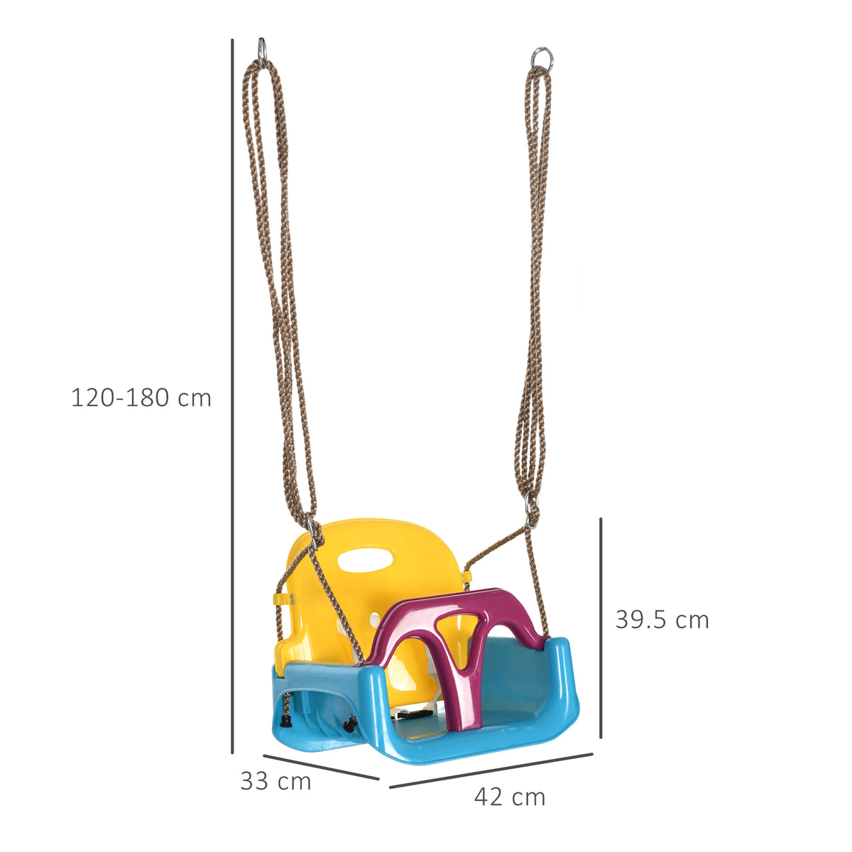 Outsunny 3-in-1 kids swing seat with ropes, shown with dimensions and adjustable hanging height