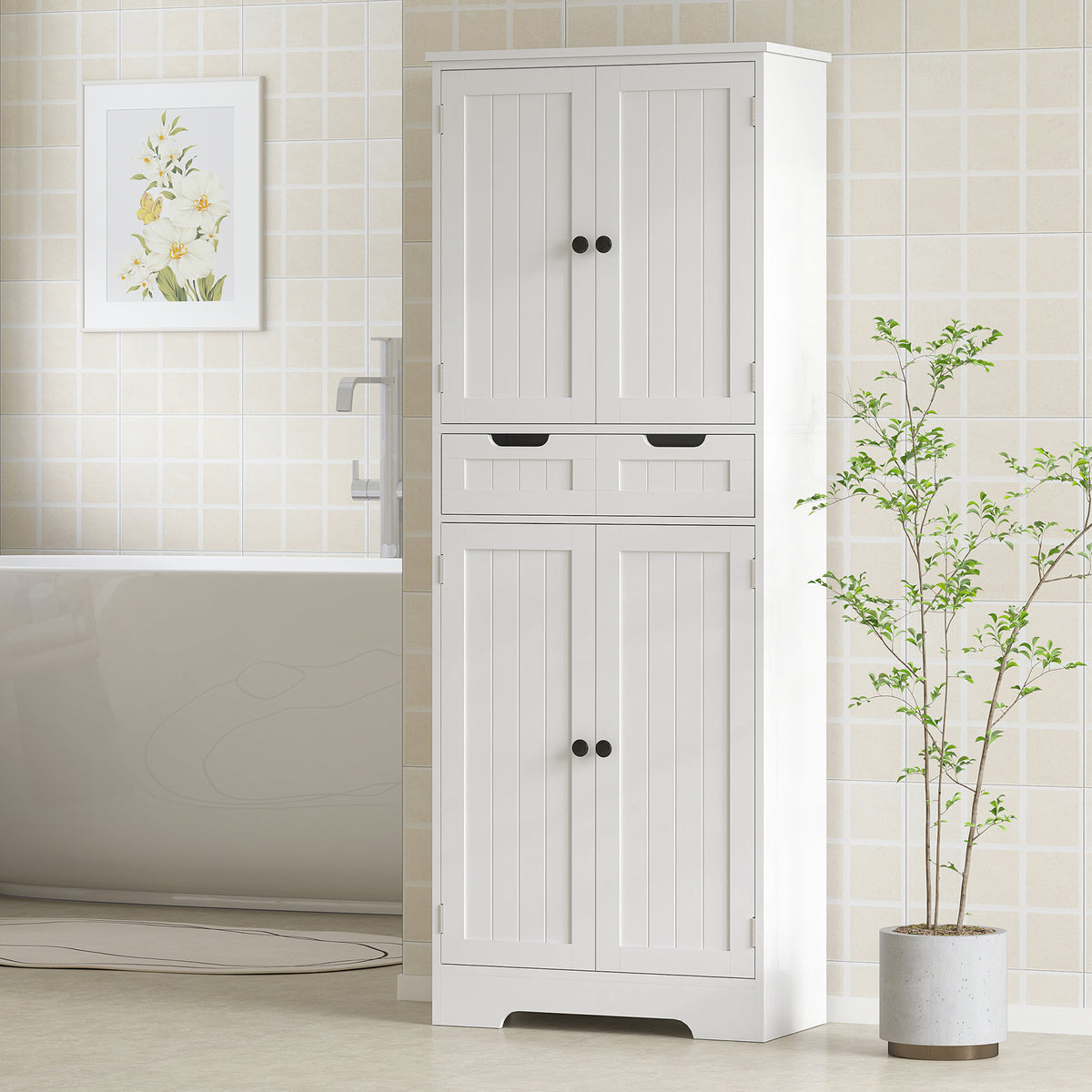 HOMCOM Tall Bathroom Cabinet, Freestanding Bathroom Storage Cabinet with Drawer, Shelves and Doors, 60 x 30 x 160 cm, White