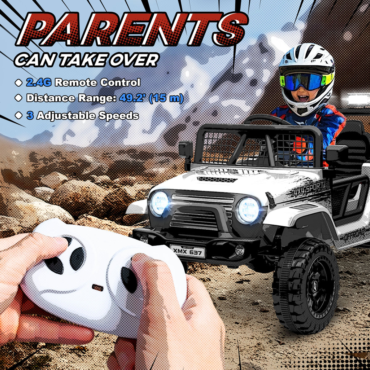 AIYAPLAY white ride-on truck with child using the included remote control