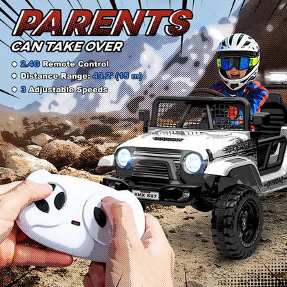 AIYAPLAY white ride-on truck with child using the included remote control