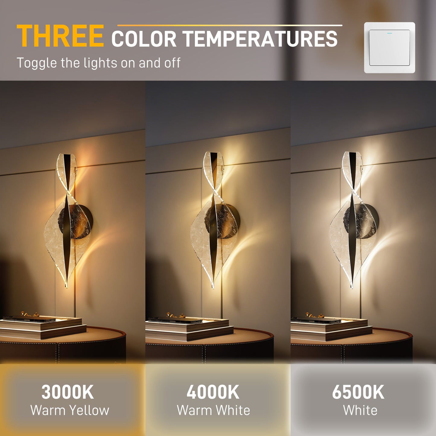 HOMCOM Led Wall Lamp 2 Pack, 13W Modern Indoor Spiral Wall Light, Colour Temperature Adjustable 3000K/4000K/6500K, for Bedroom, Living Room, Hallway, Stairs, Black