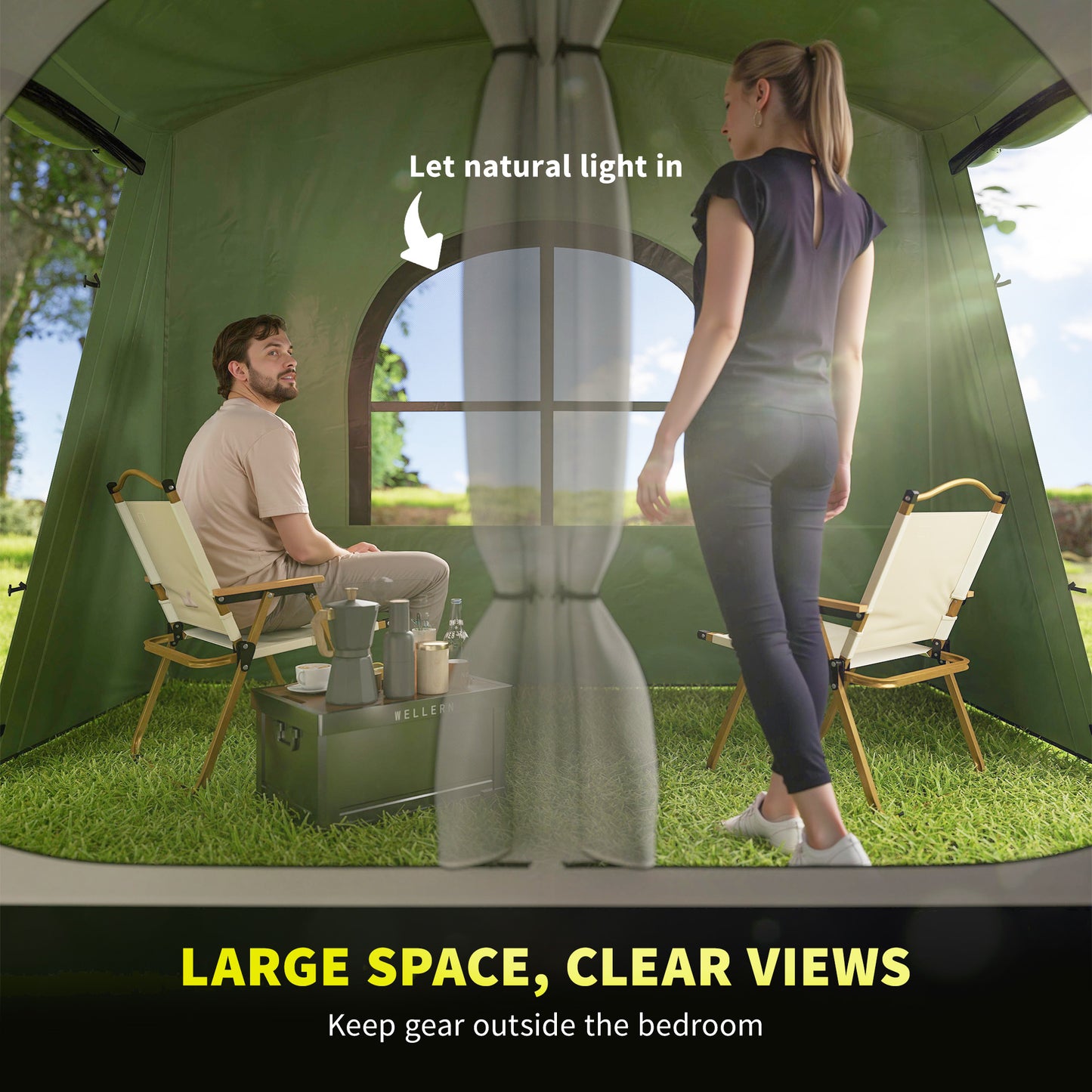 Outsunny 4 Man Tunnel Tent, Family Camping Tent with Porch, Bedroom and Living Area, Sewn in Groundsheet, 3000mm Waterproof, Portable with Bag for Hiking, Festival, Backpacking, Green