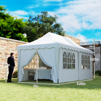 White 3 x 6 m pop-up gazebo with side panels, shown with dimensions and open entrance