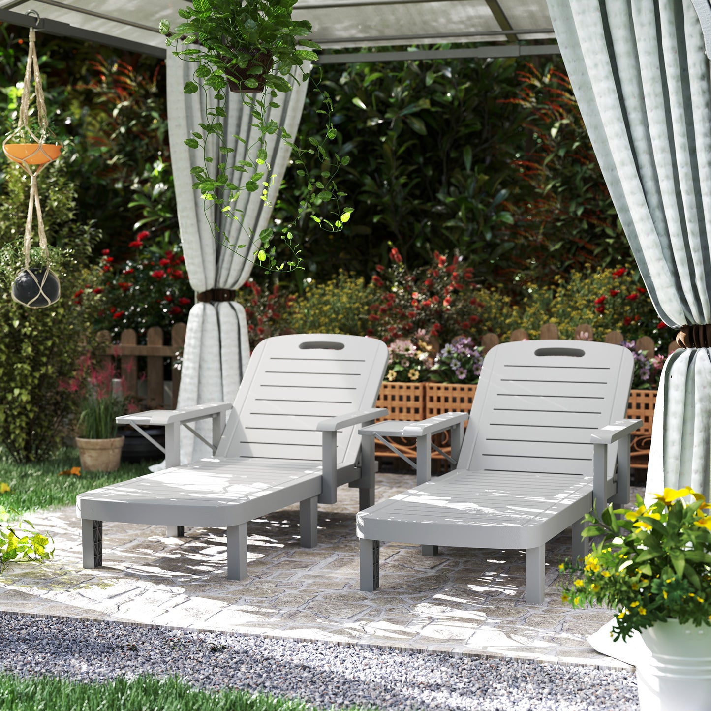 Outsunny Set of 2 Resin Reclining Sun Loungers for Garden, 5 Positions Adjustable Outdoor Chaise Lounge Chairs with Wood Texture Surface, Armrests, Foldable Side Table for Garden, Beach, Light Grey