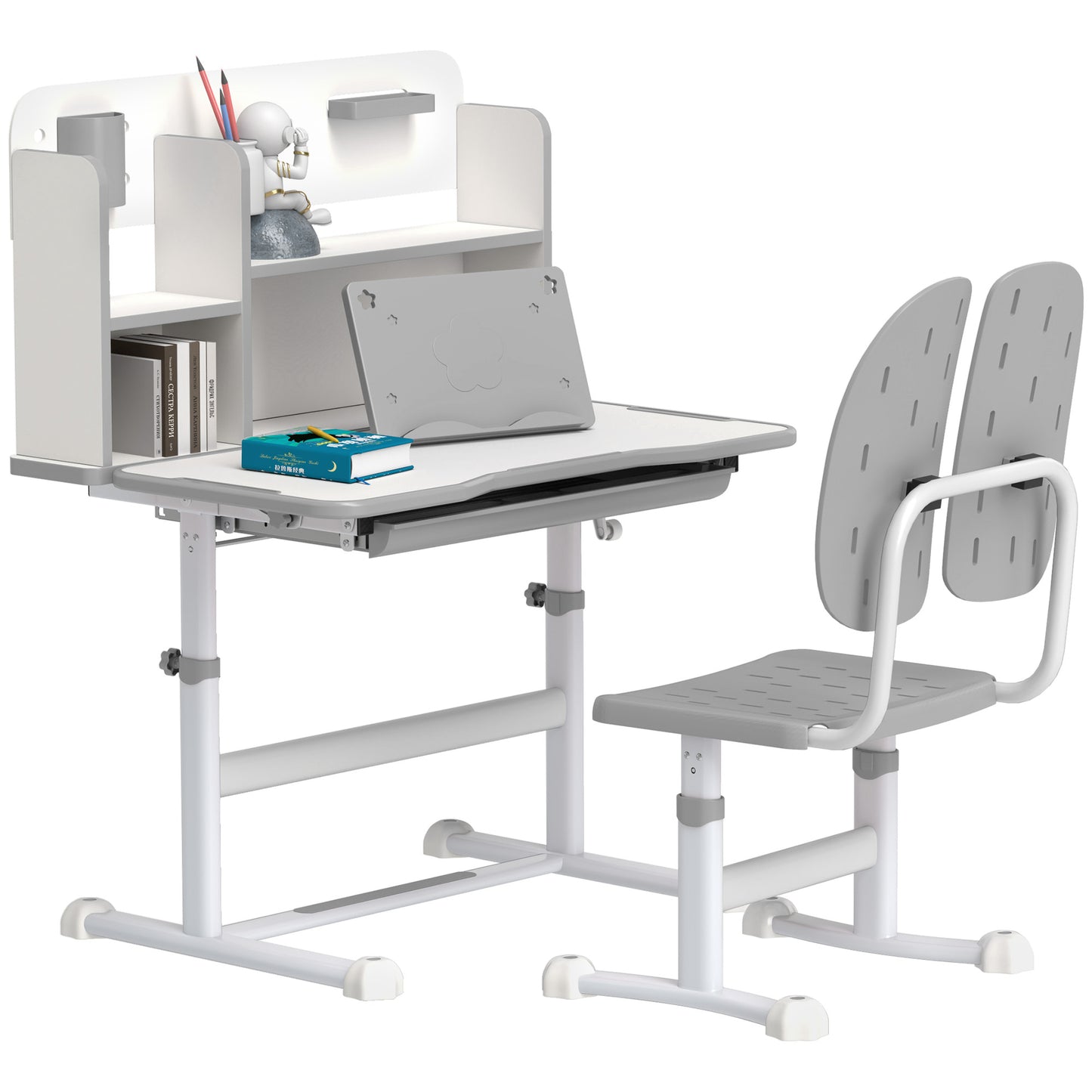 Photo of AIYAPLAY Height Adjustable Kids Desk and Chair Set, Children School Study Desk with Tiltable Desktop, Reading Rack, Grey in Grey colour on a white background