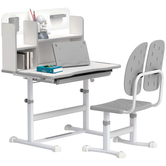 Photo of AIYAPLAY Height Adjustable Kids Desk and Chair Set, Children School Study Desk with Tiltable Desktop, Reading Rack, Grey in Grey colour on a white background