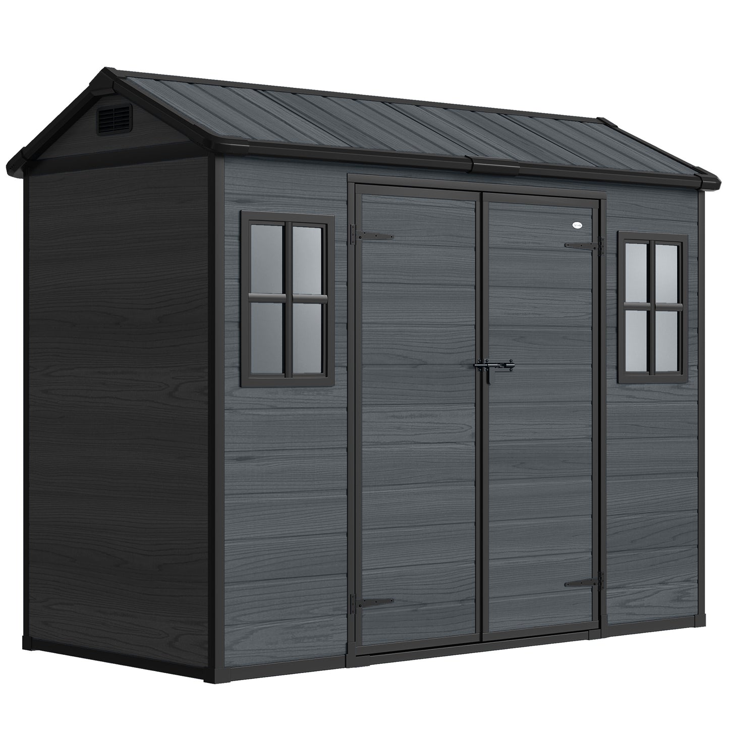 Photo of Outsunny 8 x 4 ft Resin Garden Shed, Wood-Effect Outdoor Storage Shed with Floor, Windows, Lockable Doors and Vents, Dark Grey in Grey colour on a white background
