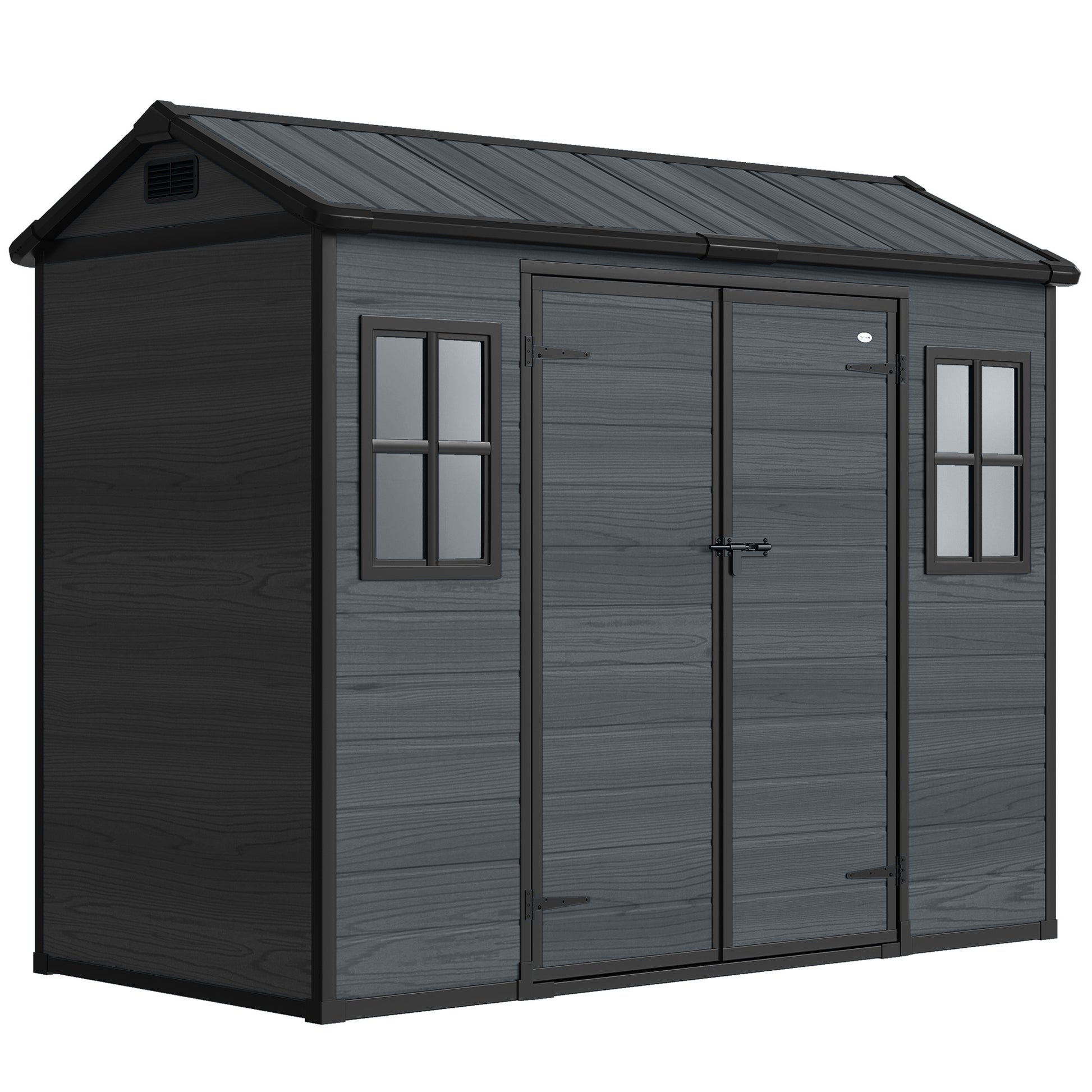 Photo of Outsunny 8 x 4 ft Resin Garden Shed, Wood-Effect Outdoor Storage Shed with Floor, Windows, Lockable Doors and Vents, Dark Grey in Grey colour on a white background
