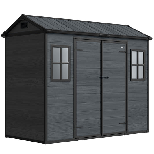 Photo of Outsunny 8 x 4 ft Resin Garden Shed, Wood-Effect Outdoor Storage Shed with Floor, Windows, Lockable Doors and Vents, Dark Grey in Grey colour on a white background