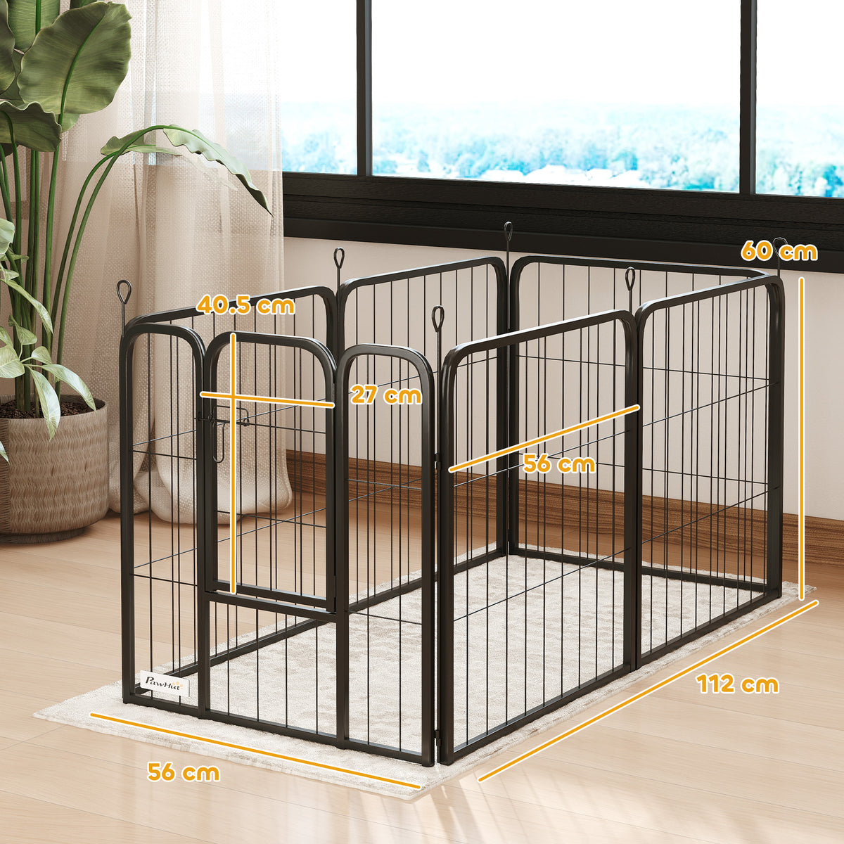 PawHut black dog playpen with door and dimensions marked