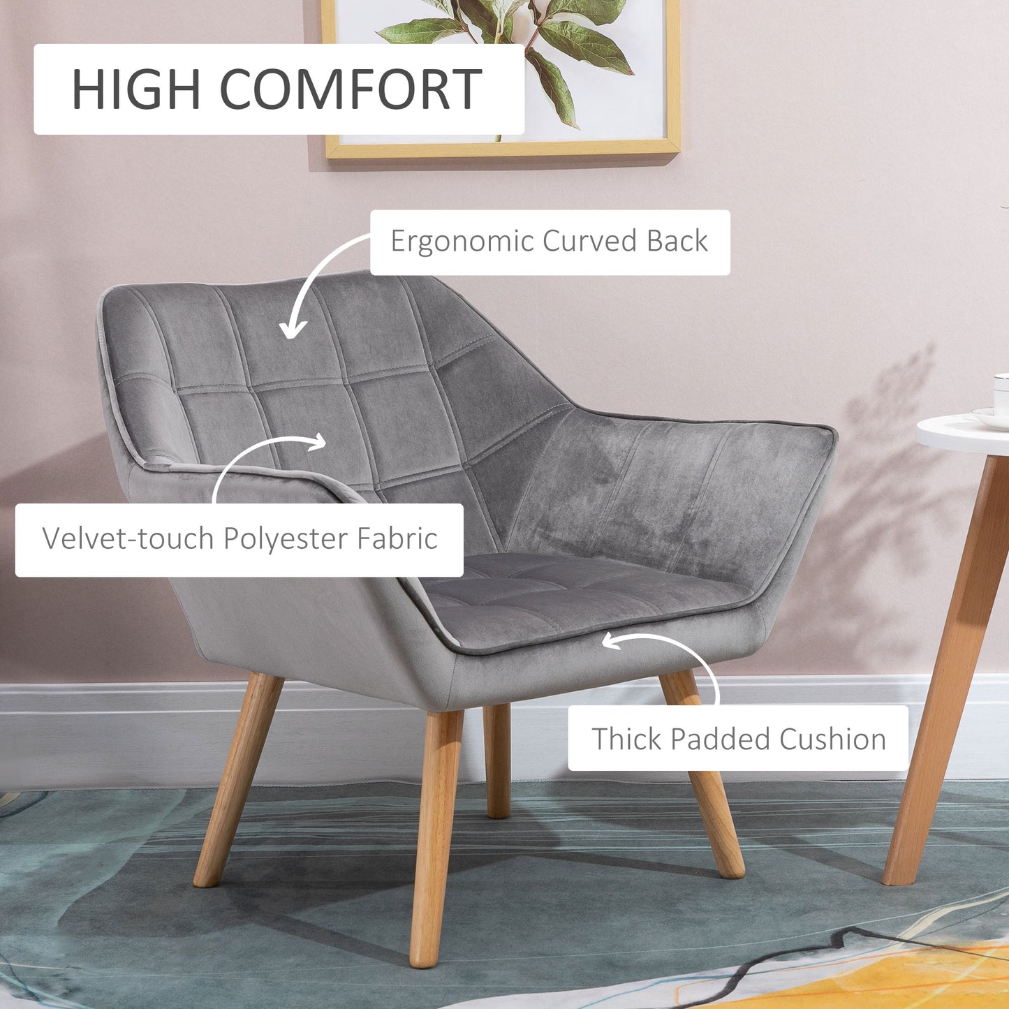HOMCOM Accent Chair, Velvet Upholstered Vanity Tub Chair with Flared Armrests, Slanted Back, Solid Wood Legs, Comfy Padding Armchair, Home Bedroom Furniture Seating, Set of 2, Grey