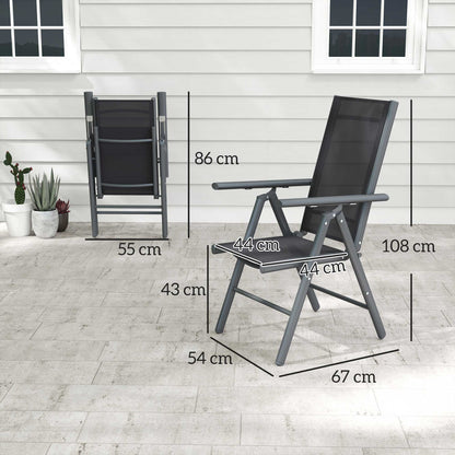 Folding garden chair shown from the side and back with dimension markings