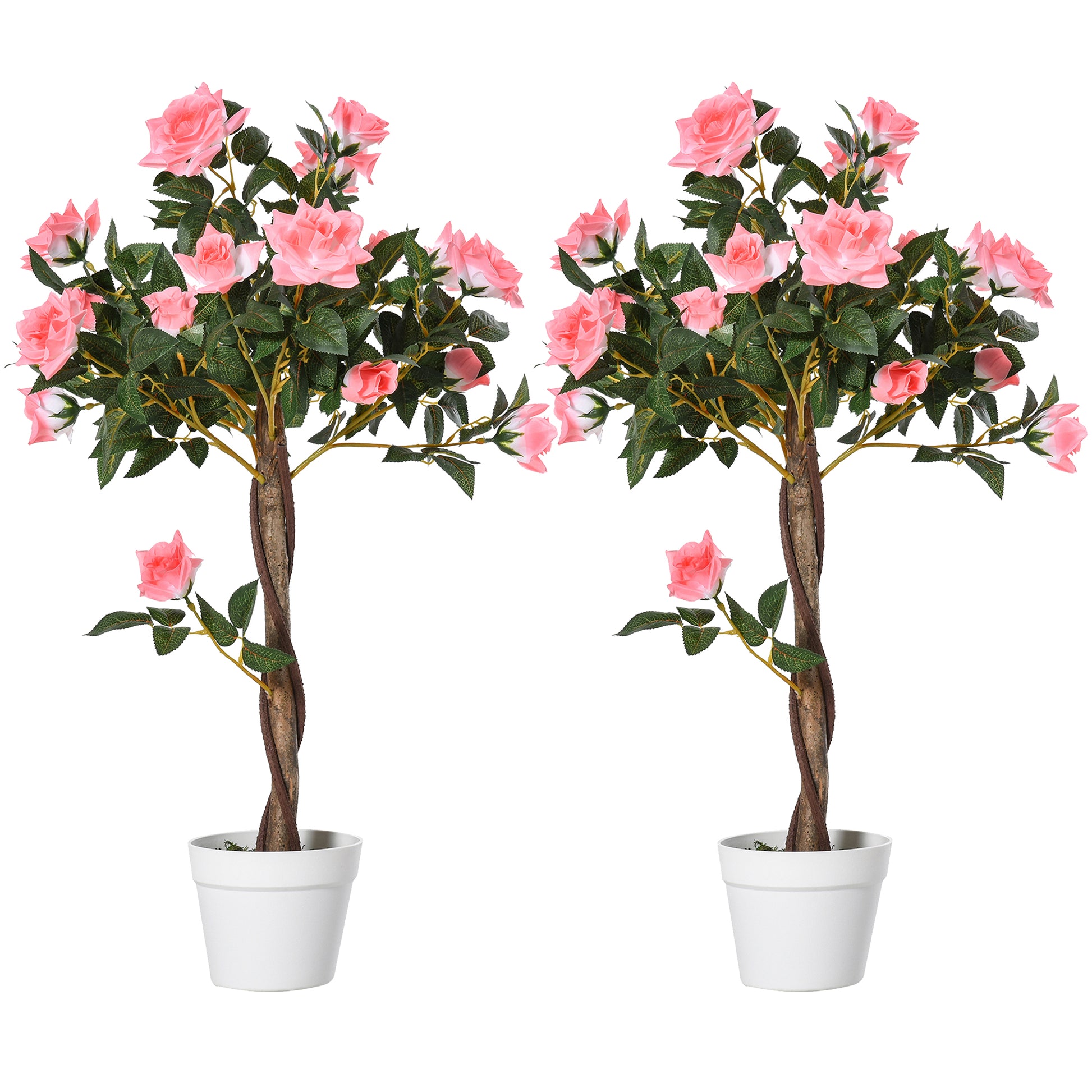 Photo of Outsunny Set of 2 Artificial Plants Pink Rose Floral in Pot, Fake Plants for Home Indoor Outdoor Decor, 90cm in 90cm colour on a white background