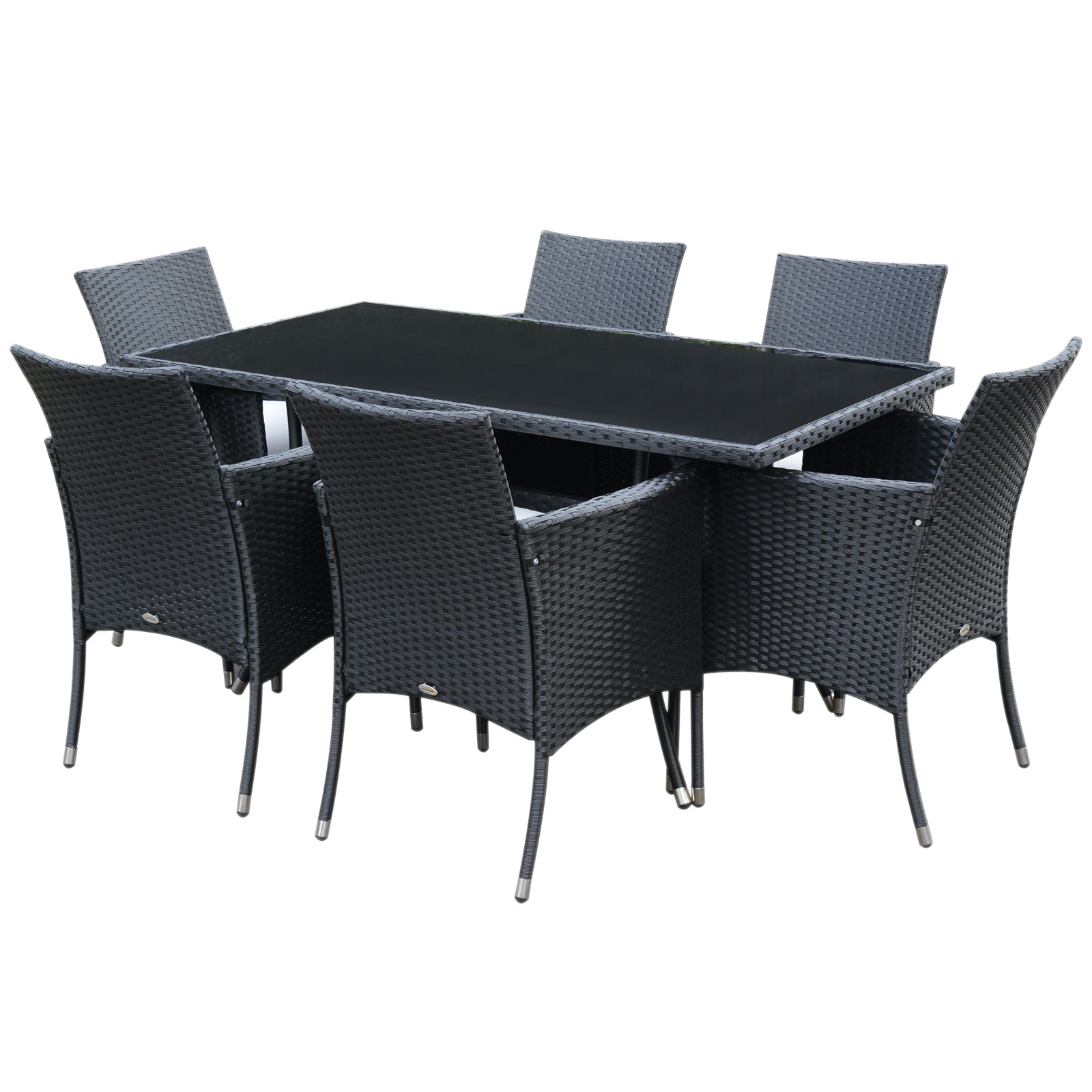 Photo of Outsunny 6 Seater Rattan Dining Set with Cushions, Rattan Garden Furniture Set with 6 Armchairs, Rectangular Glass Top Table, Outdoor Dining Table and Chairs, Black in Black colour on a white background