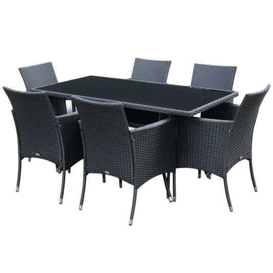 Photo of Outsunny 6 Seater Rattan Dining Set with Cushions, Rattan Garden Furniture Set with 6 Armchairs, Rectangular Glass Top Table, Outdoor Dining Table and Chairs, Black in Black colour on a white background