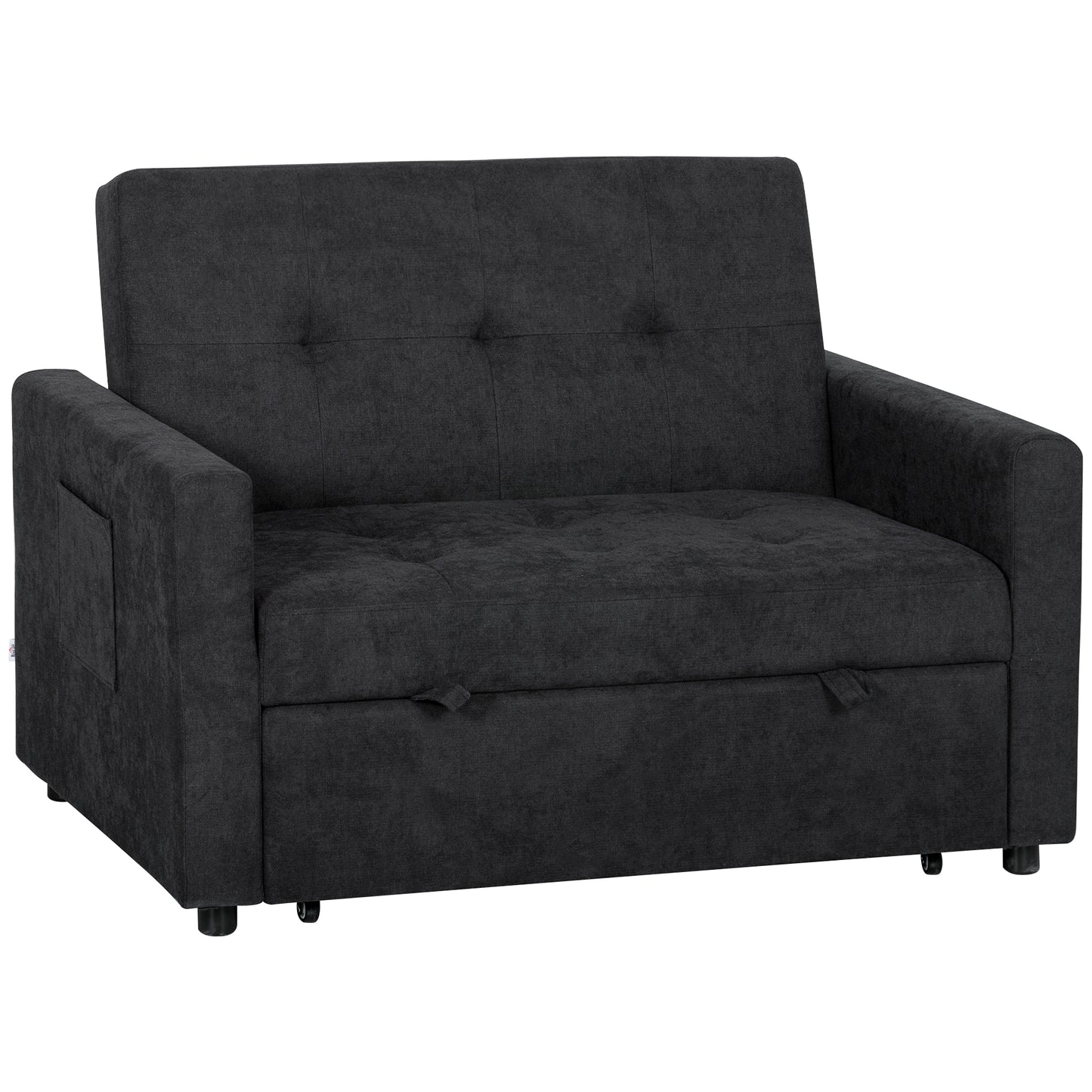 Photo of HOMCOM Loveseat Sofa Bed, Convertible Bed Settee with 2 Pillows, Side Pockets, Black in Black colour on a white background