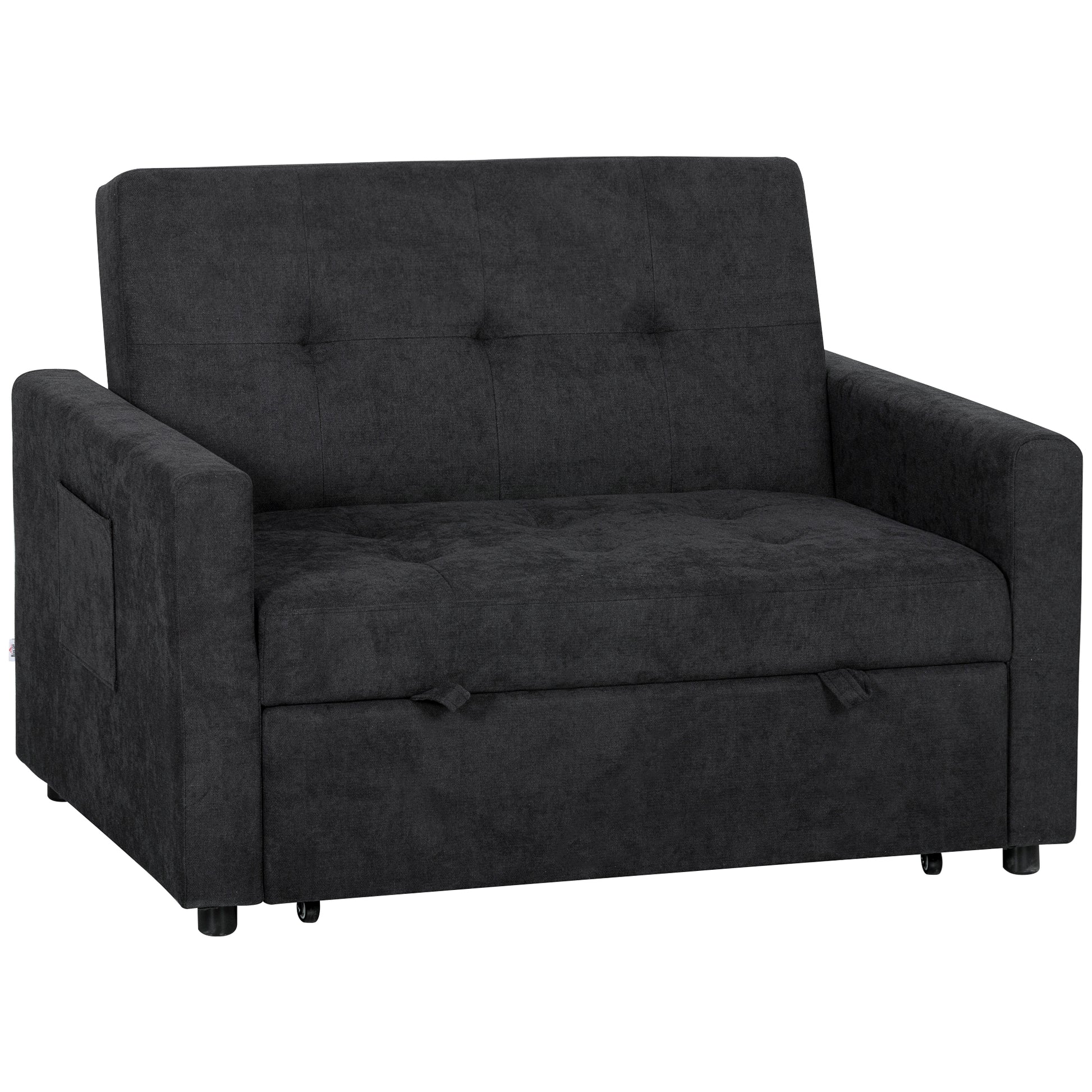 Photo of HOMCOM Loveseat Sofa Bed, Convertible Bed Settee with 2 Pillows, Side Pockets, Black in Black colour on a white background