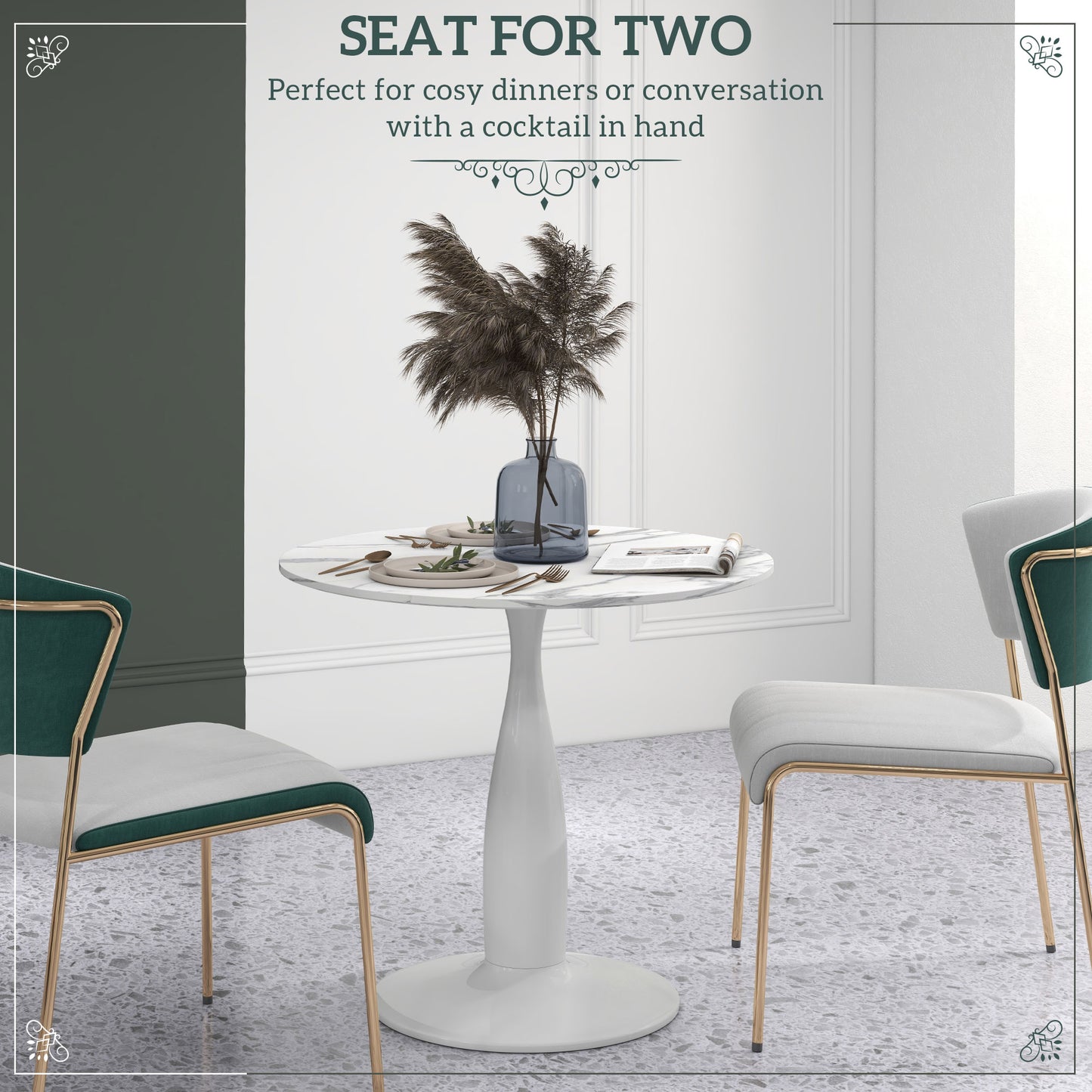 HOMCOM Small 2-Person Dining Table, Elegant Design Table with Steel Base and Non-slip Foot Pad, White and Grey