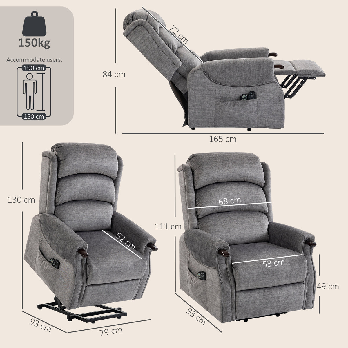 HOMCOM Power Lift Recliner with Vibration Massage and Heat, Lift Chair for Tall with Wood Grip, Pocket Spring, Light Grey